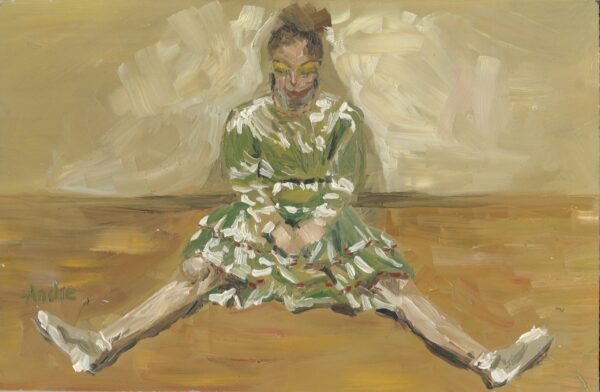 Original oil painting on cardboard by Andrea Bahar, featuring a figure in a green dress. Size 30cm x 19.5cm